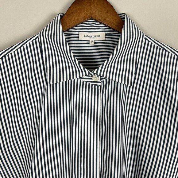 LAFAYETTE 148 NY Shirt Womens 1X Gray White Button Front Striped Blouse Office - Picture 3 of 9